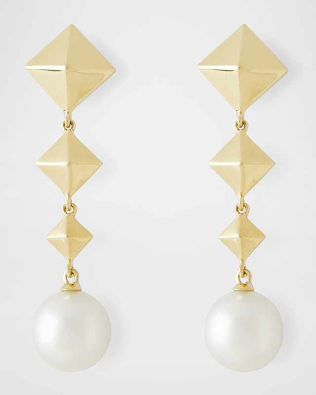 18K Yellow Gold 11mm South Sea Pearl and Graduate Cube Drop Earrings
